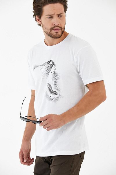Blah Tricou alb pentru bărbați, cu decolteu rotund, cu ilustrație de leu imprimată