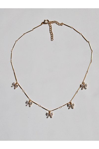 Reorah Collection Five Zircon Stone Ribbon - Bow Necklace
