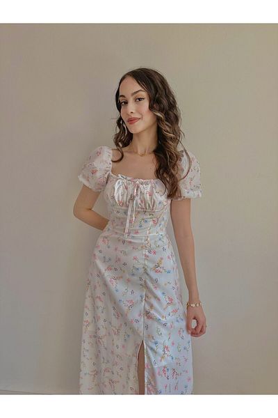 Reorah Collection White Floral Pattern Slit Dress with Watermelon Sleeves