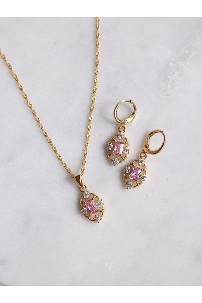 Reorah Collection Vintage Look Baguette Stone Necklace Earring Set - pink