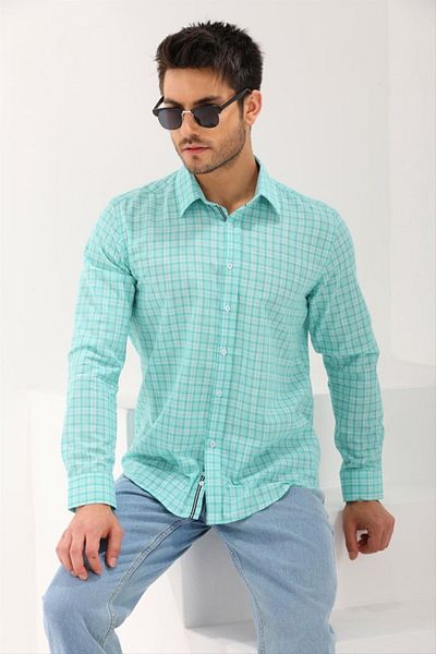 Catto Peak Pistachio Green Plaid Patterned - Regular Men's Cut Shirt