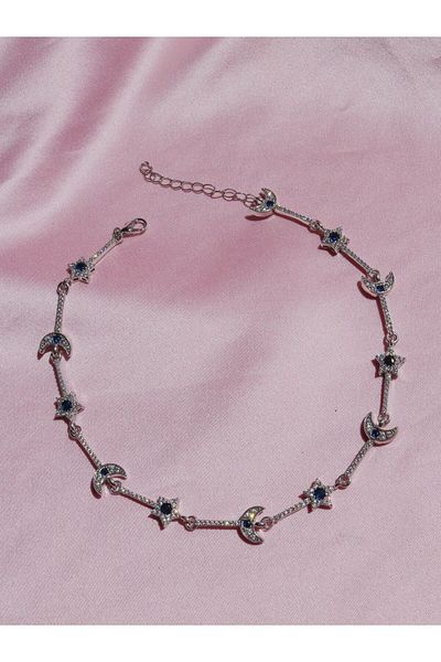 Reorah Collection Navy Blue Zircon Stone Moon Star Choker Necklace