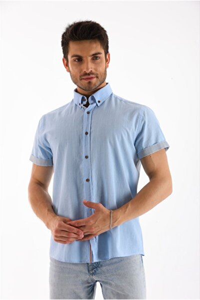 Catto Peak Ανδρικό πουκάμισο - Ανοιχτό μπλε ριγέ, κοντό μανίκι κανονικής εφαρμογής