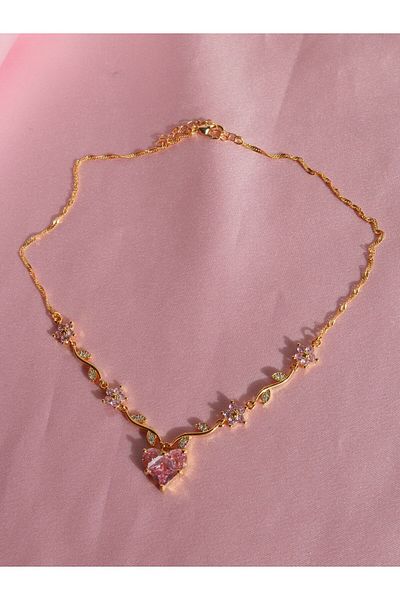 Reorah Collection Heart Flower Necklace Pink
