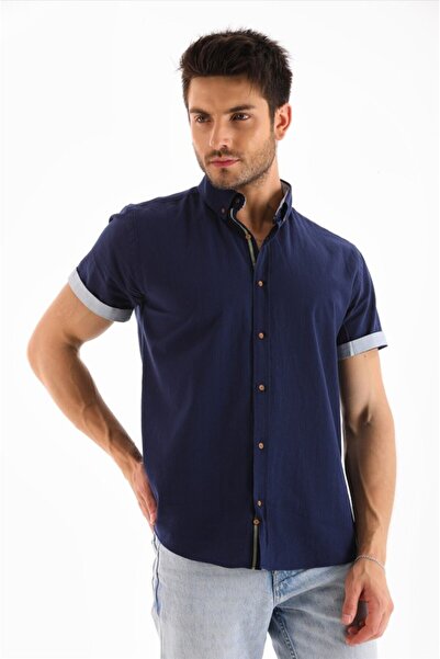 Catto Peak Ανδρικό κανονικό πουκάμισο με κοντό μανίκι μπλε ριγέ