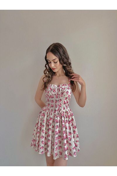 Reorah Collection Pink Floral Patterned Polka Dot Rose Dress