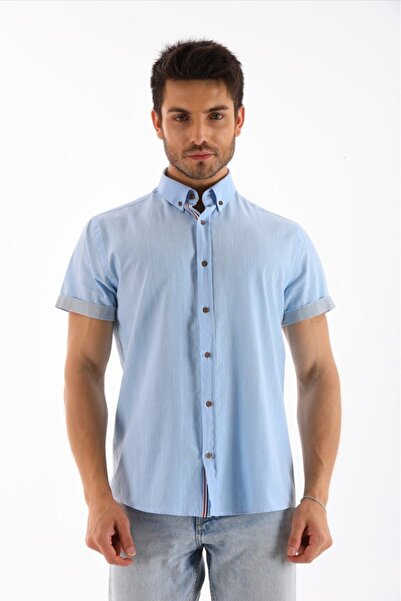 Catto Peak Ανδρικό πουκάμισο - Ανοιχτό μπλε ριγέ, κοντό μανίκι κανονικής εφαρμογής