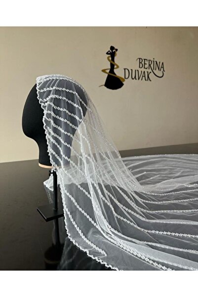 Berina stor Gelin Duvağı Oklu Beyaz Nakışlı Kasnak Duvak