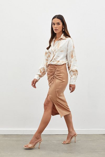 Sateen Camel Satin Skirt - Gather Detailed