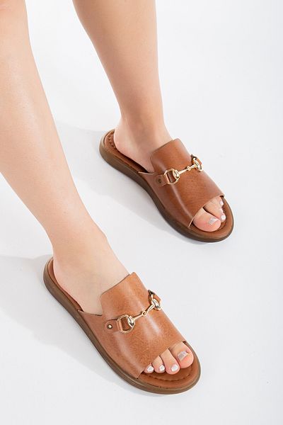 SANDALİ WOMEN'S GENUINE LEATHER VAKETA TAN BUCKLE SHOES SLIPPERS