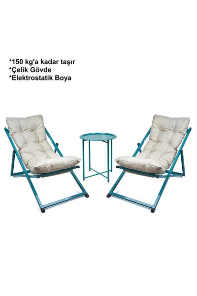 HUNDEMİR Minderli Katlanır İkili Set 2 Şezlong 1 Sehpa Bahçe Balkon Teras Pla...