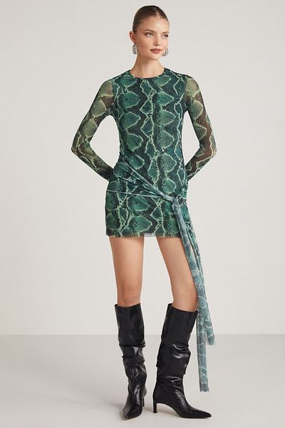 GRIMELANGE Marian Green Stretch Knitted Dress - Belt Binding Detail, Tulle Lined, Regular Fit
