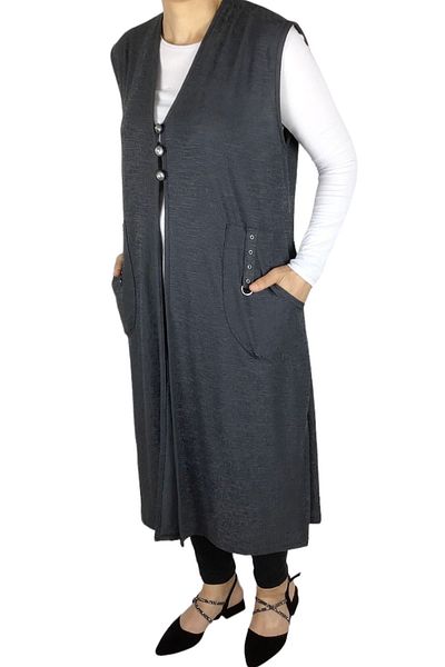ECE GİYİM Women's Long Vest - Three-Button Front, Pocket and Jacquard Summer