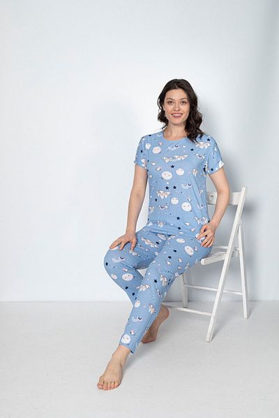 Burki Set de pijamale cu mânecă scurtă pentru femei, cu model Blue Cloud
