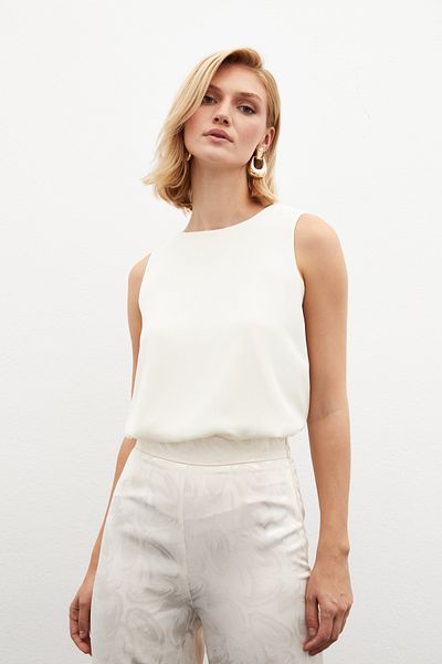 Sateen Cream Colored Sleeveless Loose Blouse