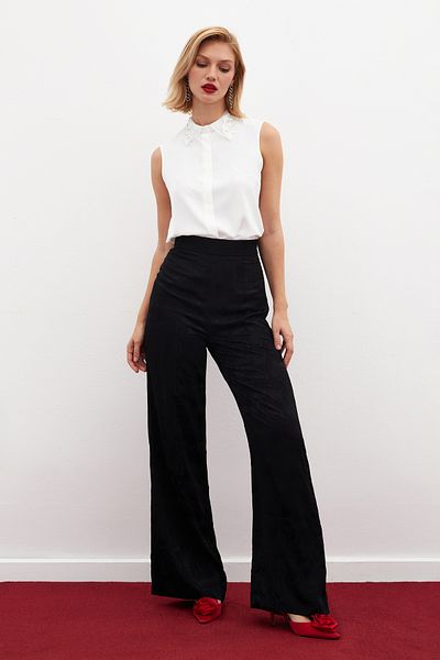 Sateen Jacquard Casual Trousers - Black