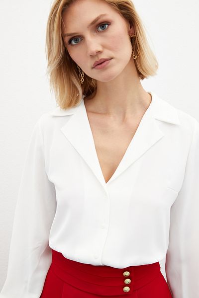Sateen Cămașă casual cu detaliu de pene - Ecru