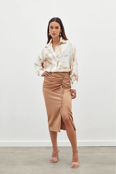 Sateen Camel Satin Skirt - Gather Detailed