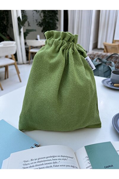 Sumicorn Design Soft Yeşil Çevre Dostu Bez Keten Büzgülü İpli Düzenleyici Kese,Makyaj Çantası,Bez Poşet