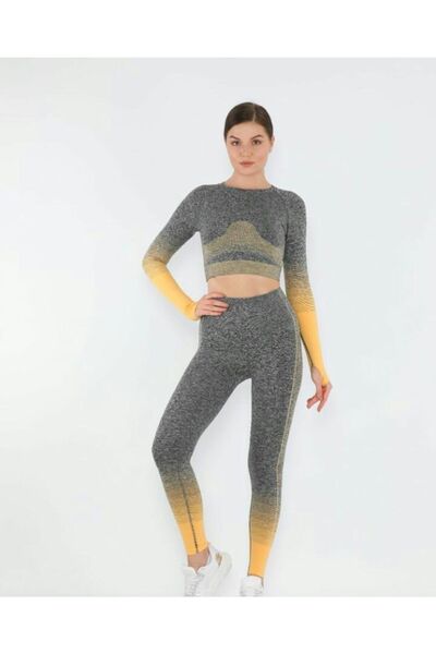 MAGZA Gri Sarı Toparlayıcı Push Up Uzun Tayt Takım