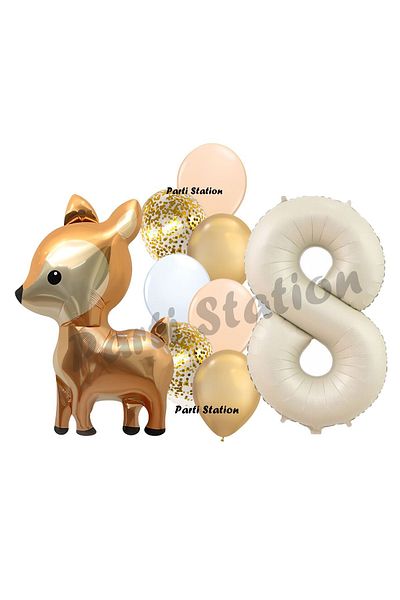 Parti Station 8 Year Old Deer Balloon Set - Cute Gazelle and Cream Number Birthday Set