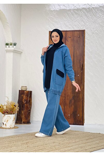 ALLMİRA FASHION بدلة ثلاثية بجيب أسود وسترة جينز بغطاء للرأس