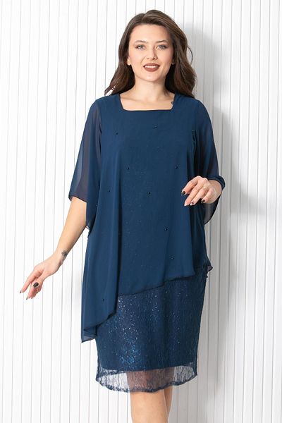 SUBU TASARIM Pearl Chiffon Evening Dress Navy Blue FHM908