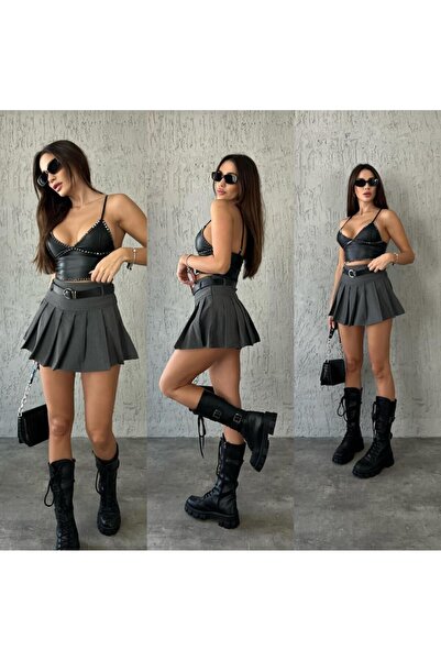 Selital Kadın Koyu Gri Kemerli Pileli Mini Şort Etek