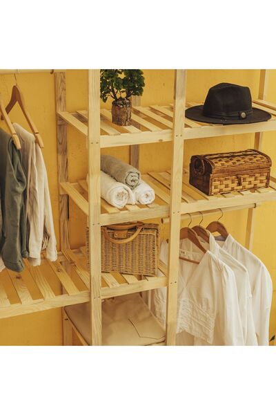 pinoxi Ahşap Açık Gardırop 3 Askılı 190x150x37 Cm Çok Amaçlı Dolap %100 Masif Çam Ağaç