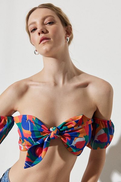 WRANGLER Regular Fit Regular Cut Front Tie Patterned Bralet Blouse