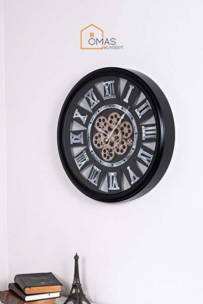 ÖMAS Konsept Premium Siyah Ahşap 65 Cm Döner Çarklı Romen Rakamlı Camlı Duvar...