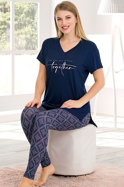 Jenny Daphne Set de tricou și pijama cu mânecă scurtă cu decolteu în V - Viscoză, mărime obișnuită, model Lady 12576
