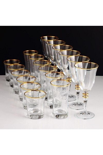 Paşabahçe Gold Crystal 18 Piece Flatware, Water Glass Set