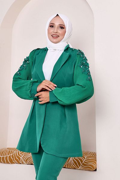 Zümrüt Sleeve pleated, shoulder rose and stone tooling detailed jacket and pants evening dress 3002