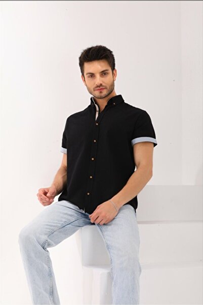 Catto Peak قميص رجالي - شريط أسود قصير، مقاس عادي