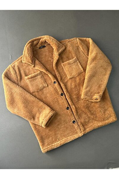 NO 601 Плюшено яке Wellsoft Oversize с канела и копчета - Двойни джобове