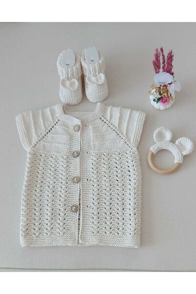 BEGİN Organic Cotton Baby Vest and Booties - Crater Cream Triple Set