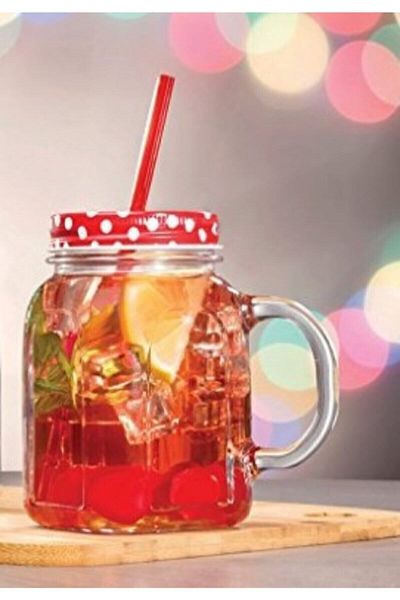 Paşabahçe Red Metal Lid, Straw and Handle Jar Glass 80388