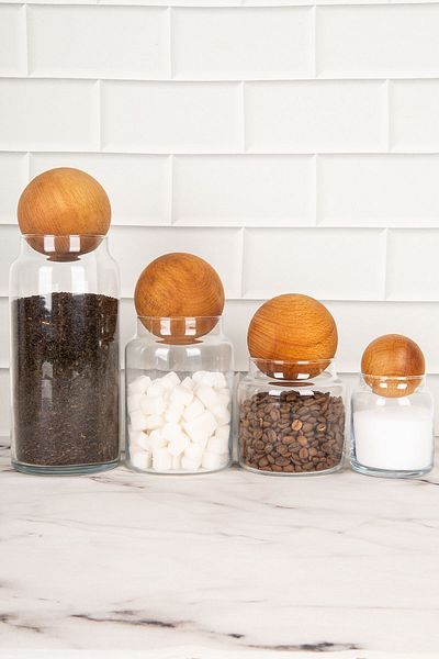 DNS HOME 4-Piece Glass Jar Set with Wooden Ball Lid Storage Container Spice Jar Set 1300 ml-800 ml-500 ml-300 ml