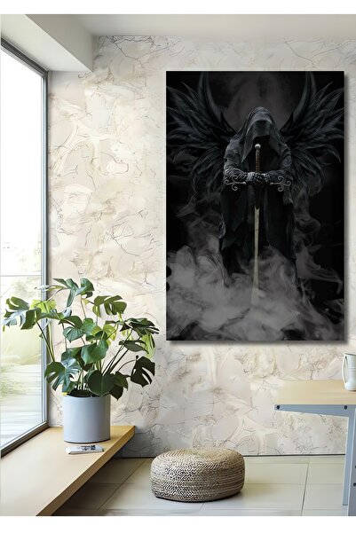 Teona Ahşap Dekoratif Dikey Kılıç Tutan Kanatlı Azrail Duvar Tablo Ahşap Dikd...