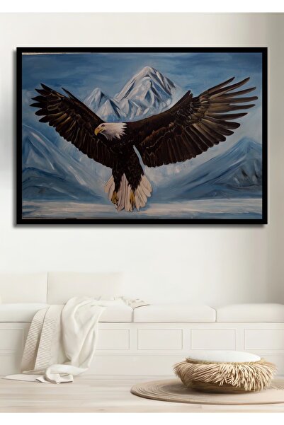Teona Ahşap Dekoratif Yatay Yağlı Boya Görünümlü Dağlardaki Kartal Duvar Tabl...