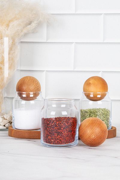 DNS HOME 3-Piece Glass Jar Set with Wooden Stand Wooden Ball Lid Jar Set Spice Shaker 300 ml