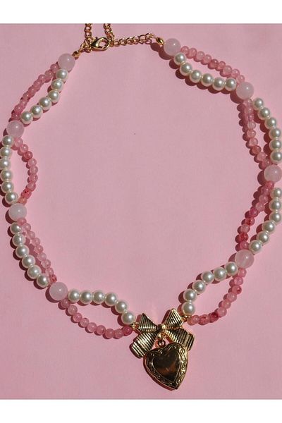 Reorah Collection Natural Stone Pearl Ribbon Design Necklace