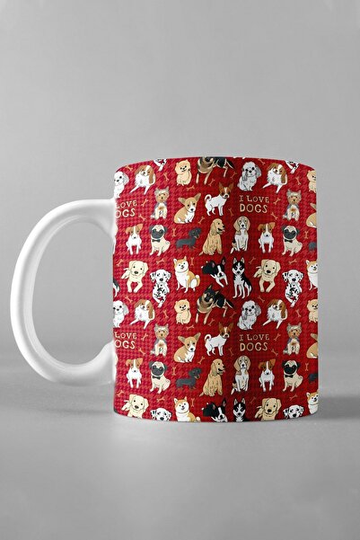 Hediyexpres Çoklu Köpekler Kırmızı Arka Plan Baskılı Kupa Bardak, Çay-kahve-ç...
