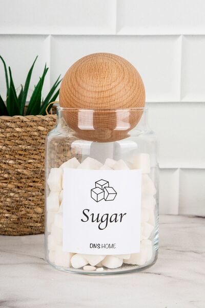 DNS HOME 3-Piece Wooden Ball Lid English Label Tea Candy Salt Storage Container Jar 800 ML