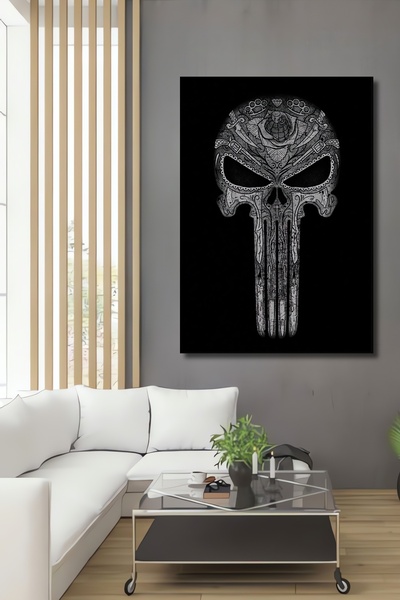Teona Ahşap Dekoratif Dikey Kuru Kafa Punisher Duvar Tablo Ahşap Dikdörtgen T...