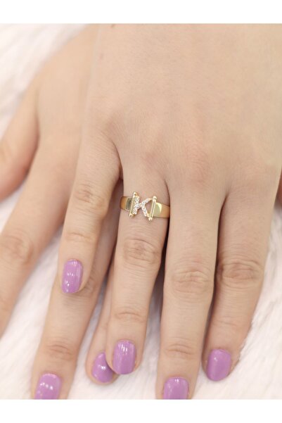 Zeynepli gold & jewelry 14 Ayar Altın Küçük K Harfli Taşlı Yüzük