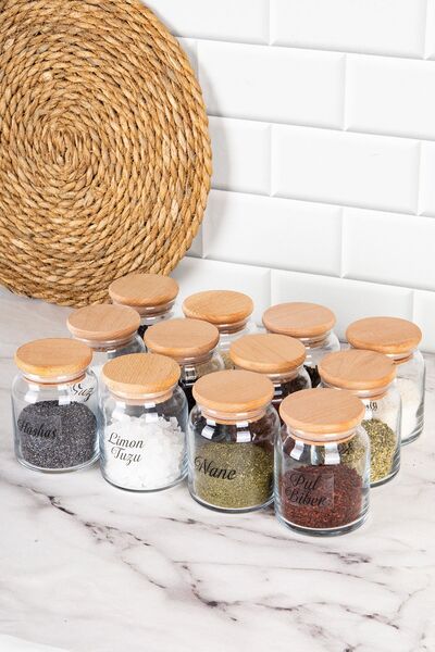 DNS HOME Set of 12 Spice Jars with Wooden Lids, Storage Container Jar Set with Transparent Label, 300 ml