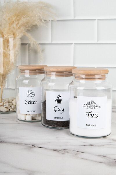 DNS HOME 3-Piece Wooden Vacuum Lid with Turkish Label Tea Candy Salt Storage Container Glass Jar 800 ml