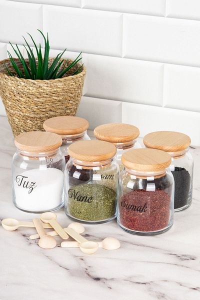 DNS HOME 6-Piece Spice Jar Set with Wooden Lid and Spoon Spice Jar with Spoon and Transparent Label 300 ml